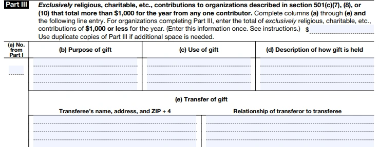 Part III - Exclusively religious, charitable, etc., contributions to organizations described in section 501(c)(7), (8), or (10) that total more than $1,000 for the year from any one contributor