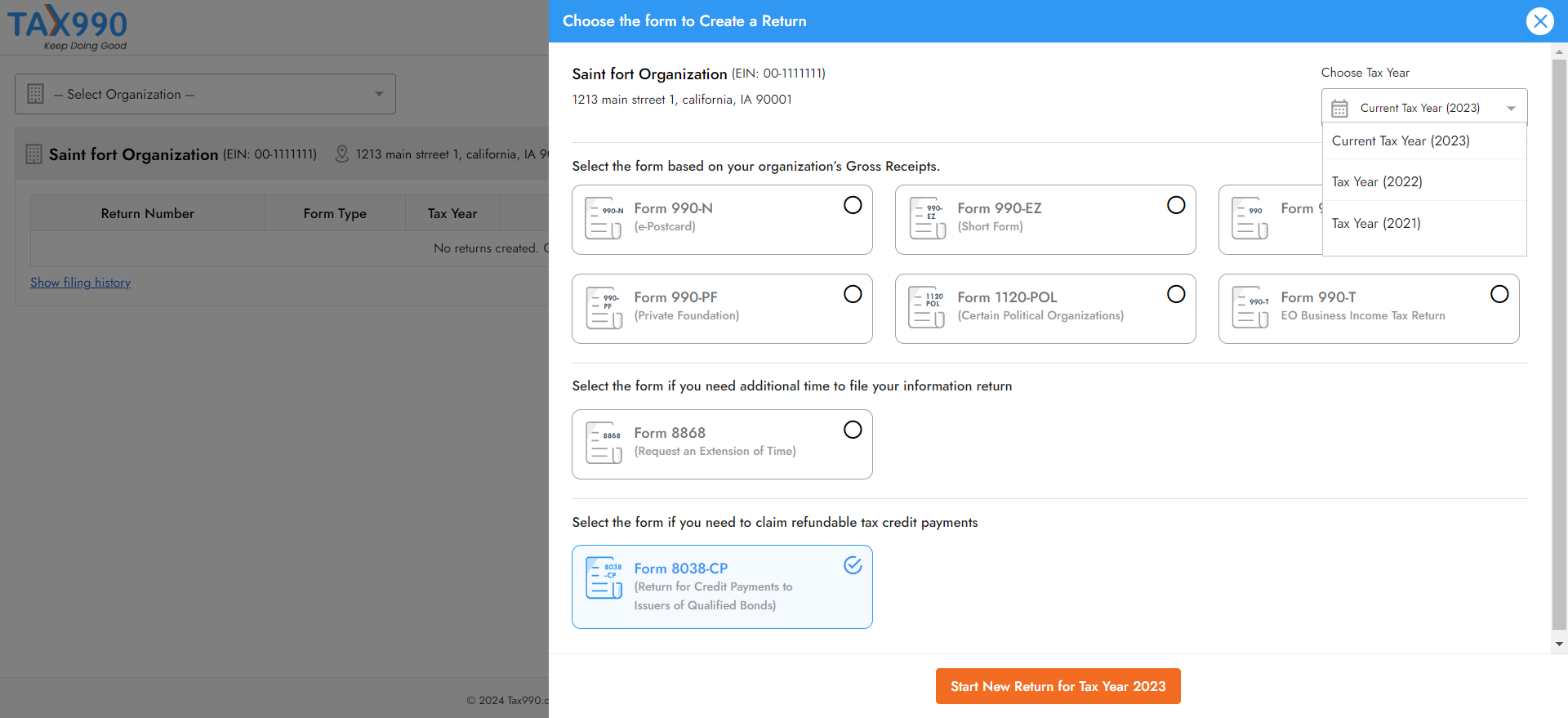 Choose Tax Year and Form