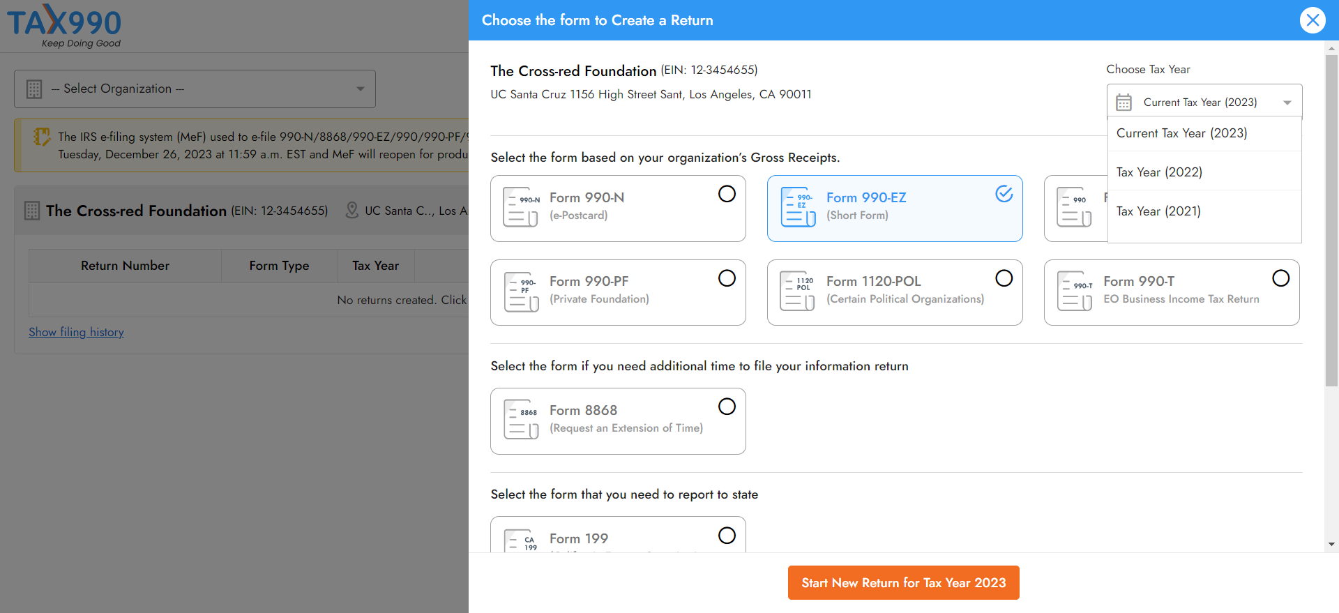 Choose Tax Year and Form