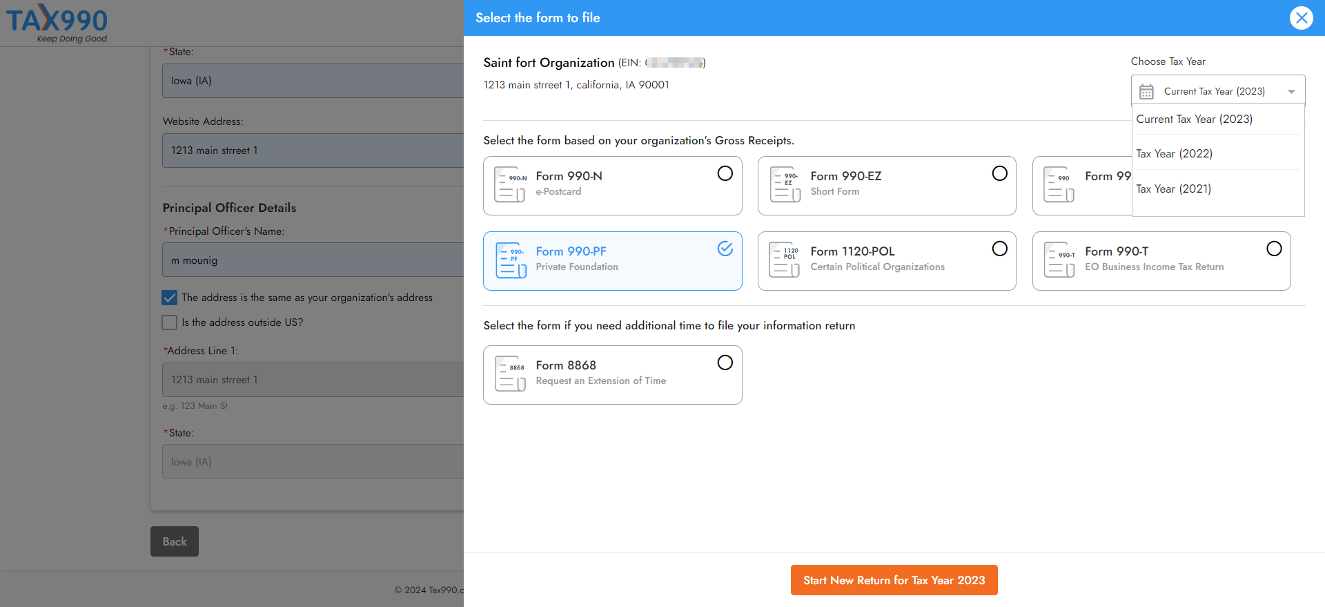 Choose Tax Year and Form