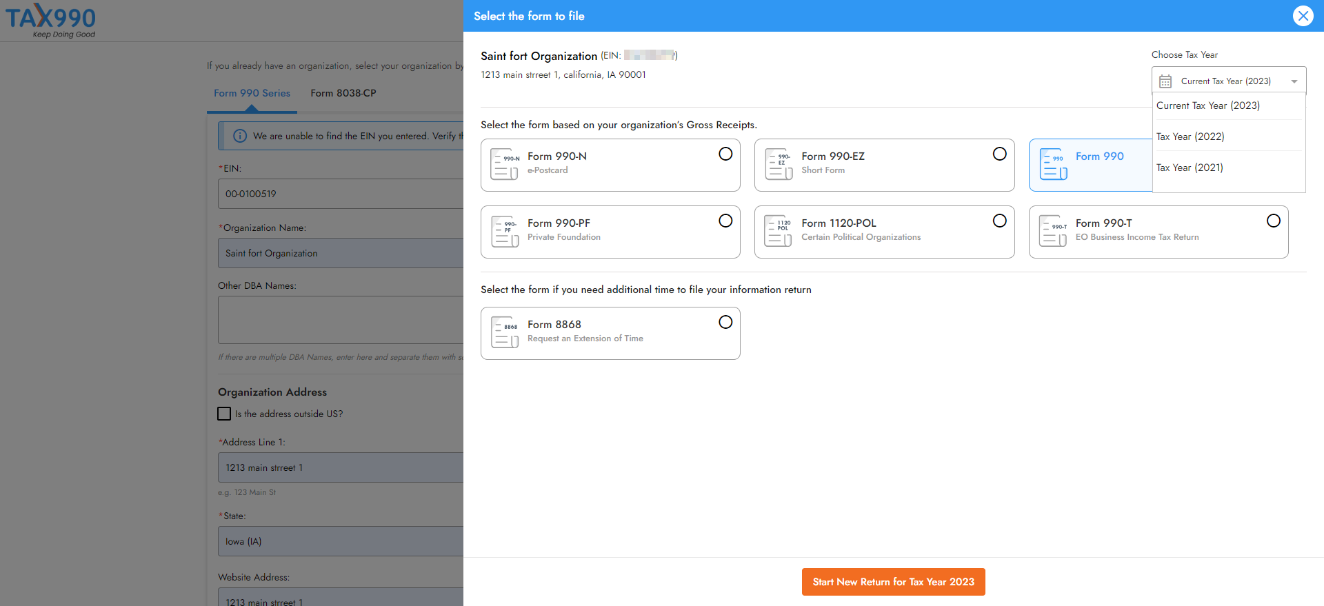 Choose Tax Year and Form