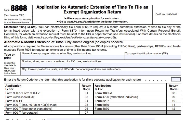 Information Required to E-file Form 8868