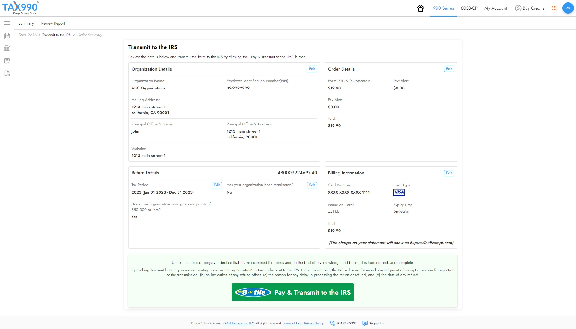 Transmit 990-N to the IRS