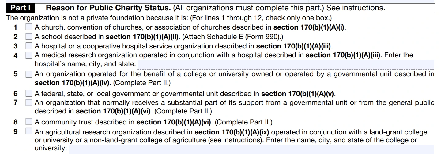 Part I - Reason for Public Charity Status