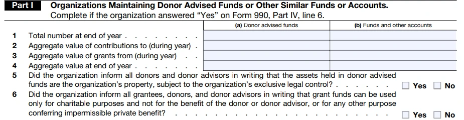 Part I - Organizations Maintaining Donor-Advised Funds or Other Similar Funds or Accounts
