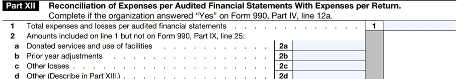 Part XII - Reconciliation of Expenses per Audited Financial Statements With Expenses per Return