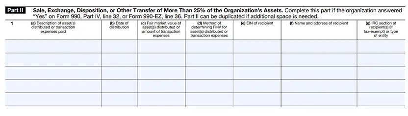 Part II - Sale, Exchange, Disposition, or Other Transfer of More Than 25% of the Organization’s Assets