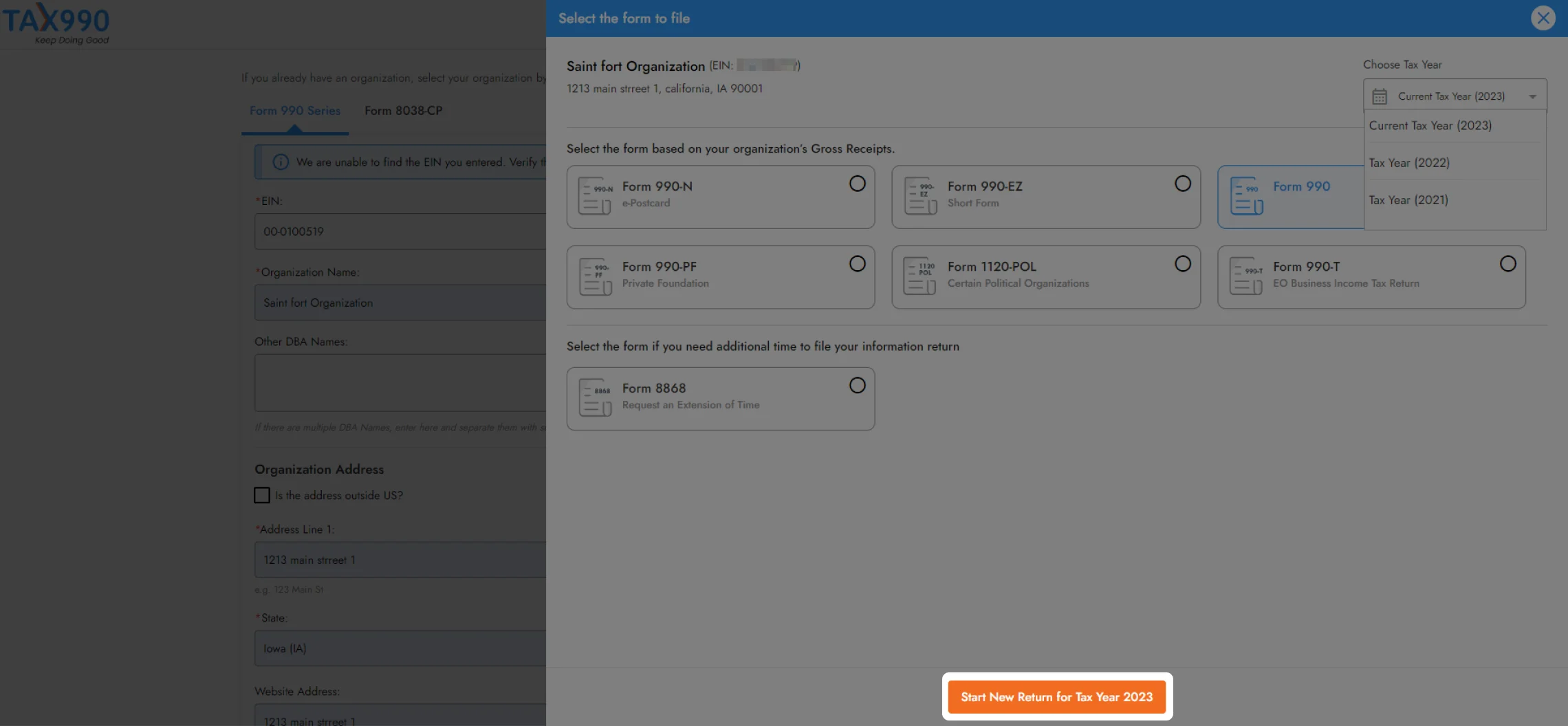 Choose Tax Year and Form