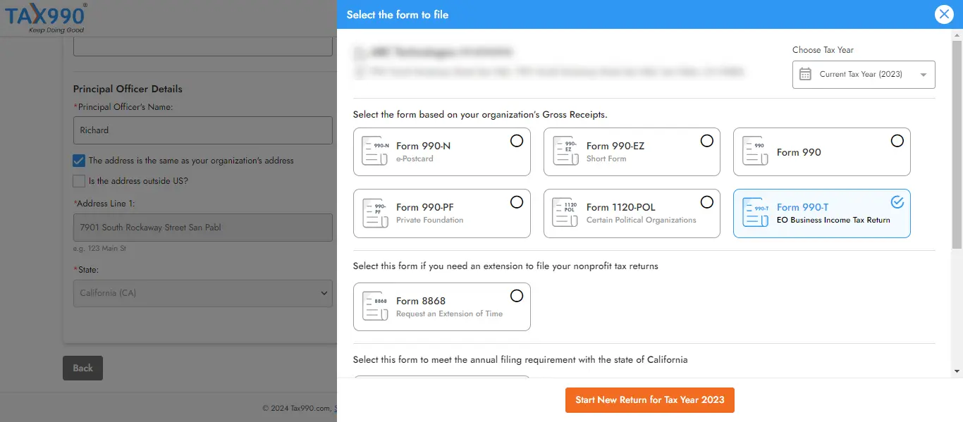 Choose Tax Year and Form