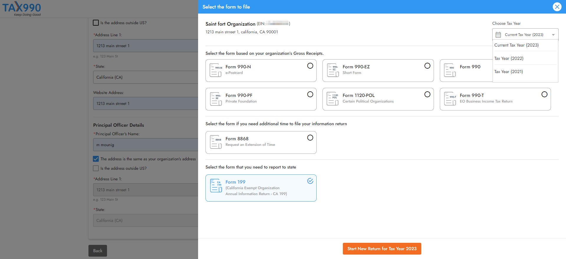 Choose Tax Year and Form