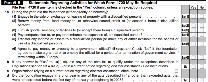Part VI-B - Statements Regarding Activities for Which Form 4720 May Be Required: